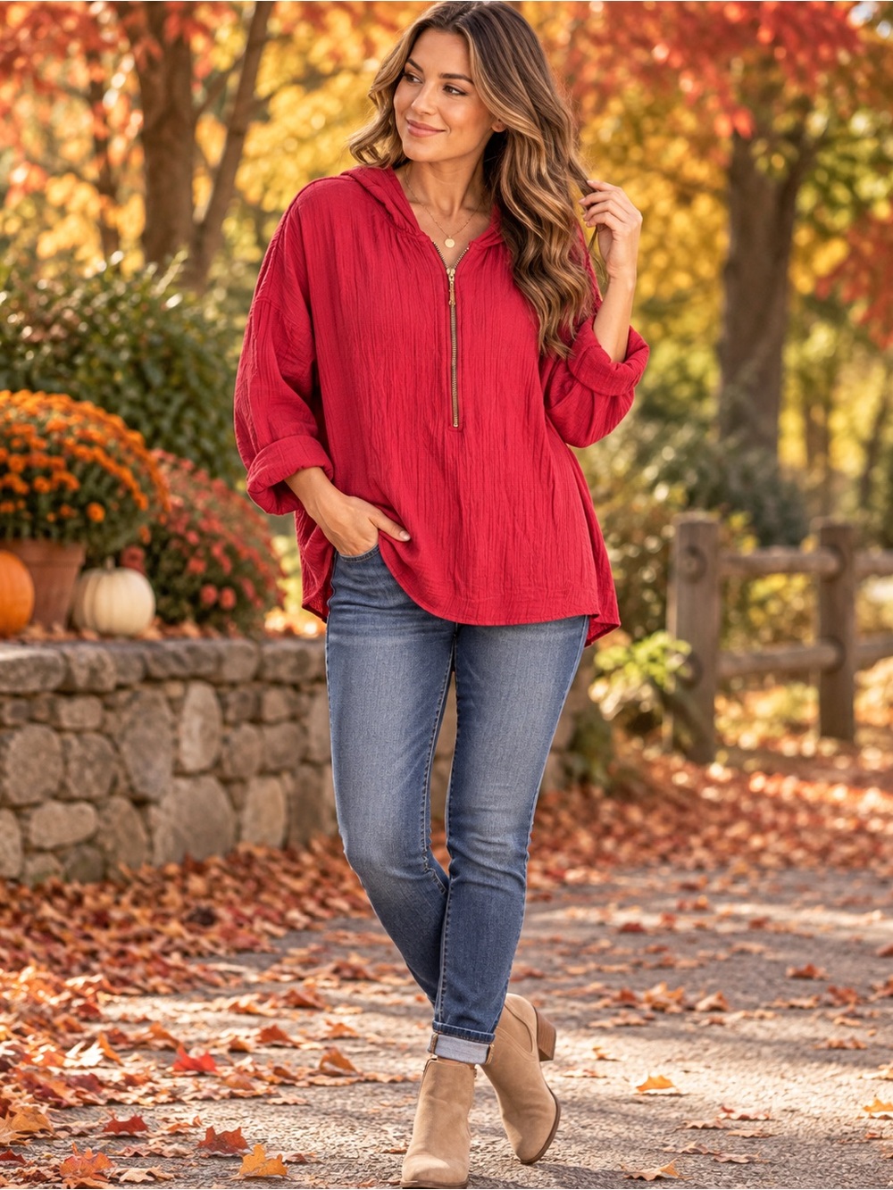 Soft Surroundings Red Crinkle Cotton Hooded Popover Top Size Large
